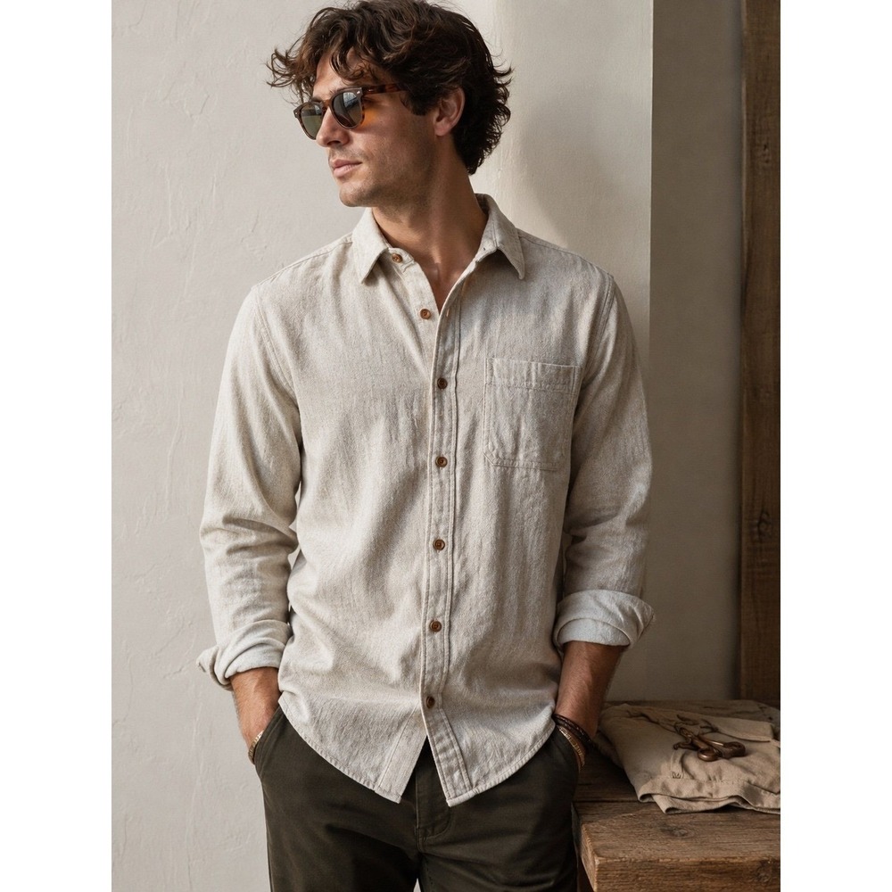 Old Navy Men's L Tall Double-Brushed Cotton Button Down Shirt Oatmeal Beige
